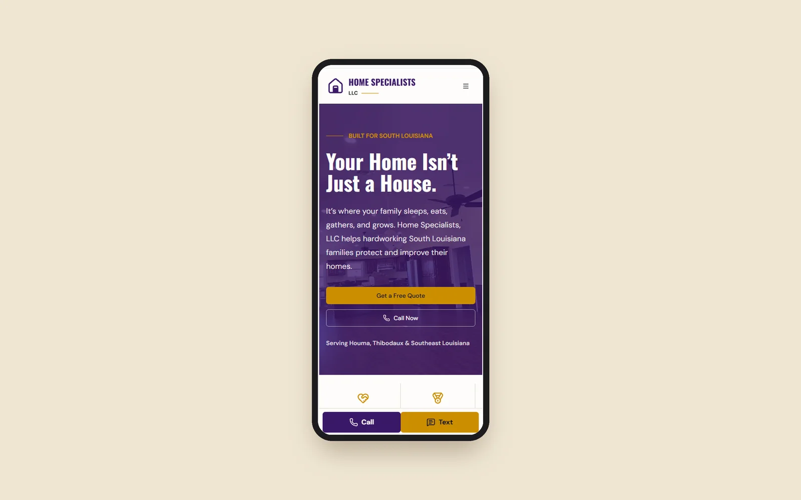 Home Specialists LLC website shown on a phone